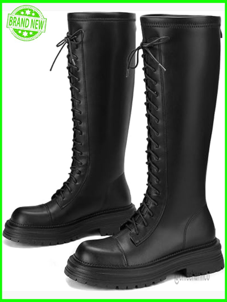 Chunky Platform Knee High Boots - Faux Leather Combat Motorcycle